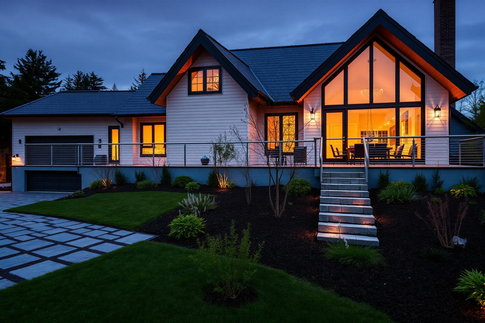 Modern villa med belyst trädgård